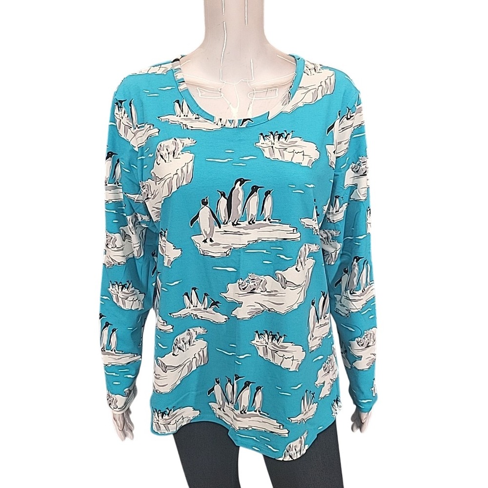 Christopher & Banks Penguin Polar Bear Print Tunic Top Petite XL PXL Turquoise